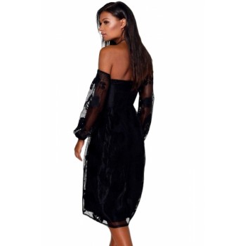 Burgundy Bardot Embroidered Gauze Party Dress Black